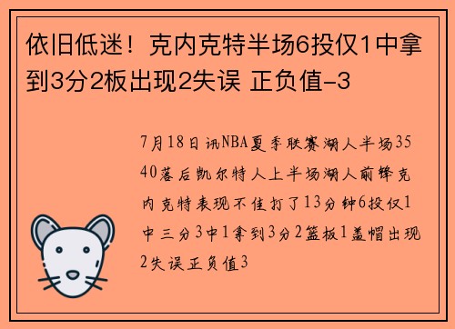 依旧低迷！克内克特半场6投仅1中拿到3分2板出现2失误 正负值-3